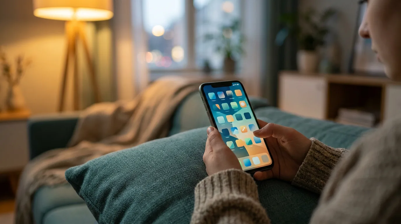 Rankos laiko išmanųjį telefoną su mobiliojo kazino programėlės ekranu jaukioje namų aplinkoje