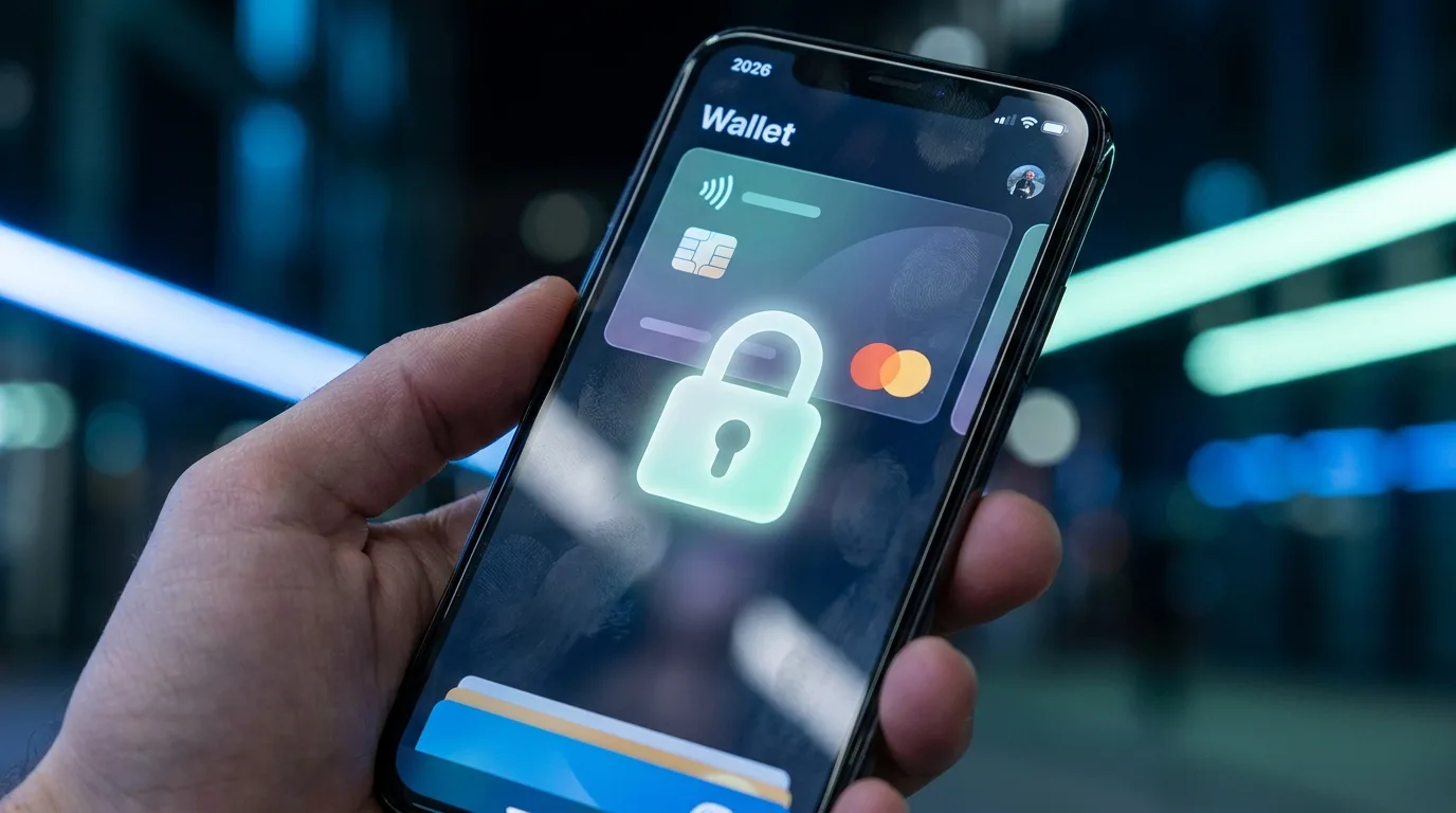 Išmaniojo telefono ekranas su mokėjimo piniginės ir saugumo simboliais